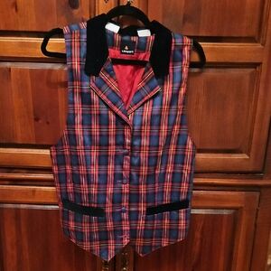 Vintage Red, Black, Green, Yellow, Purple Plaid Vest, Sz L, Velvet Collar, EUC!